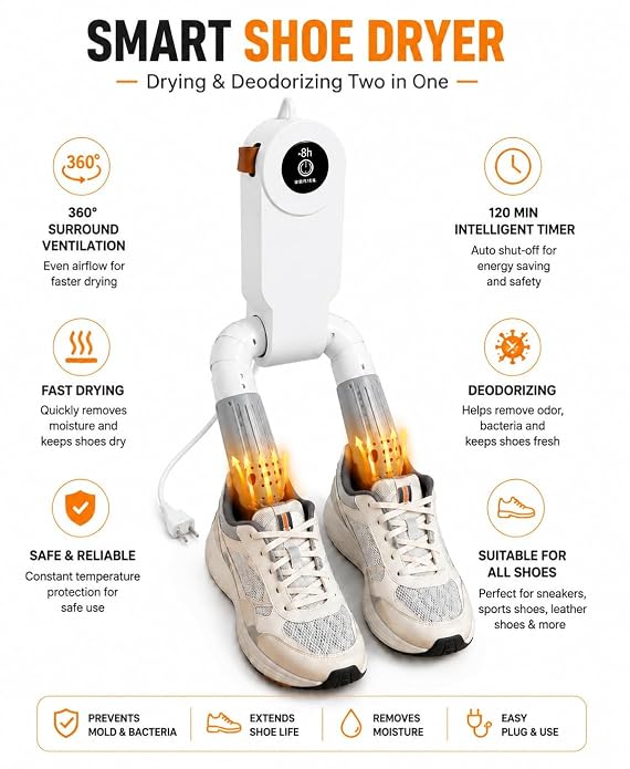 Electric Shoe Dryer with UV-C Sterilisation | 48°C PTC Heating | 360° Warm Air Circulation | Intelligent Timer & Auto Shut-Off | Foldable Portable Shoe & Boot Warmer | Odour & Moisture Remover | White
