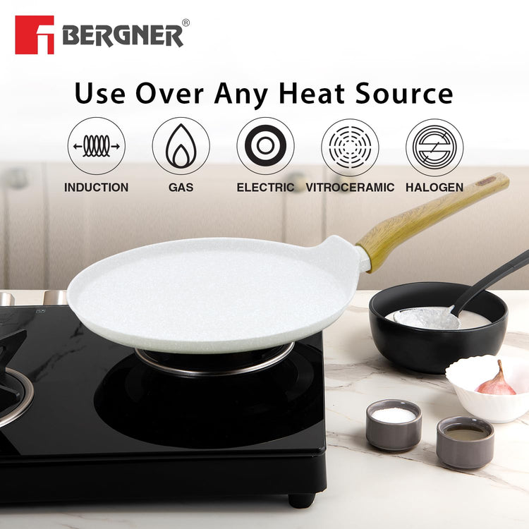 BERGNER Naturally Forged Aluminum 28cm Pancake Pan/Dosa Tawa with Marble Non-Stick Coating, Scratch Resistant and Durable, Soft Touch Handle, Easy to Clean - Induction Bottom, Free Non-Woven Trivet