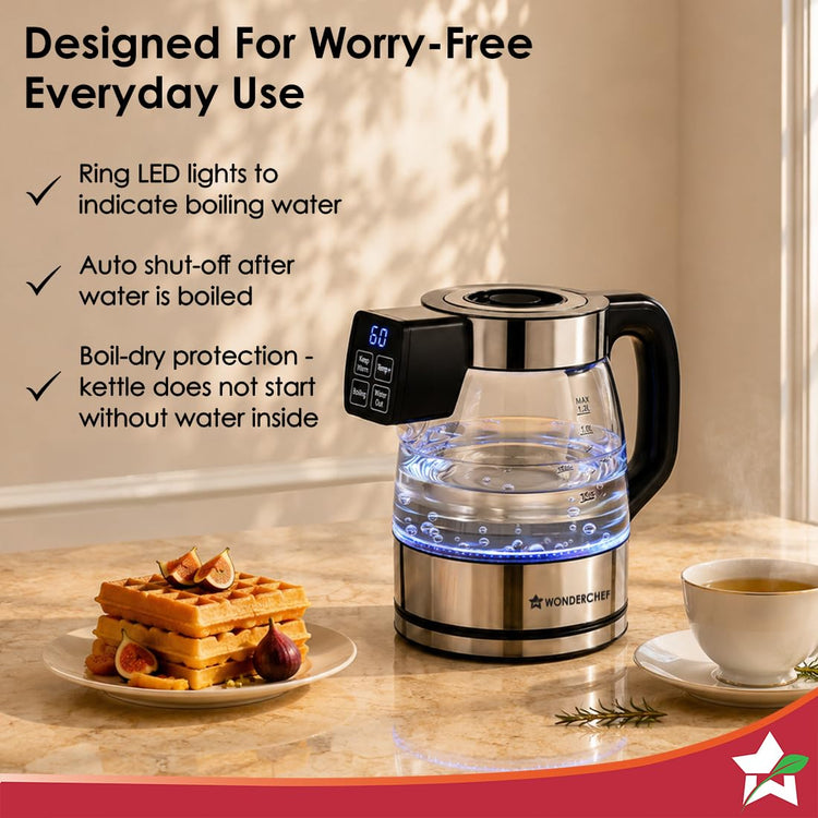 Wonderchef Crystal Tap & Flow Glass Kettle & Hot Water Dispenser, 1.7 L Borosilicate Glass Jar, Built-in Battery, Temperature Sensor & Control, Multi-purpose, Portable inside Homes, 1-Yr Warranty