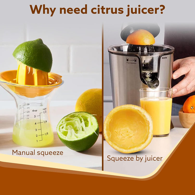 AGARO Regency Electric Citrus Juicer 350W, 650 ml, Pulp Regulator, AC Copper Motor, 2 Cones For All Citrus fruits, 2 filters, Anti Drip, Stainless Steel Body, Silver & Black