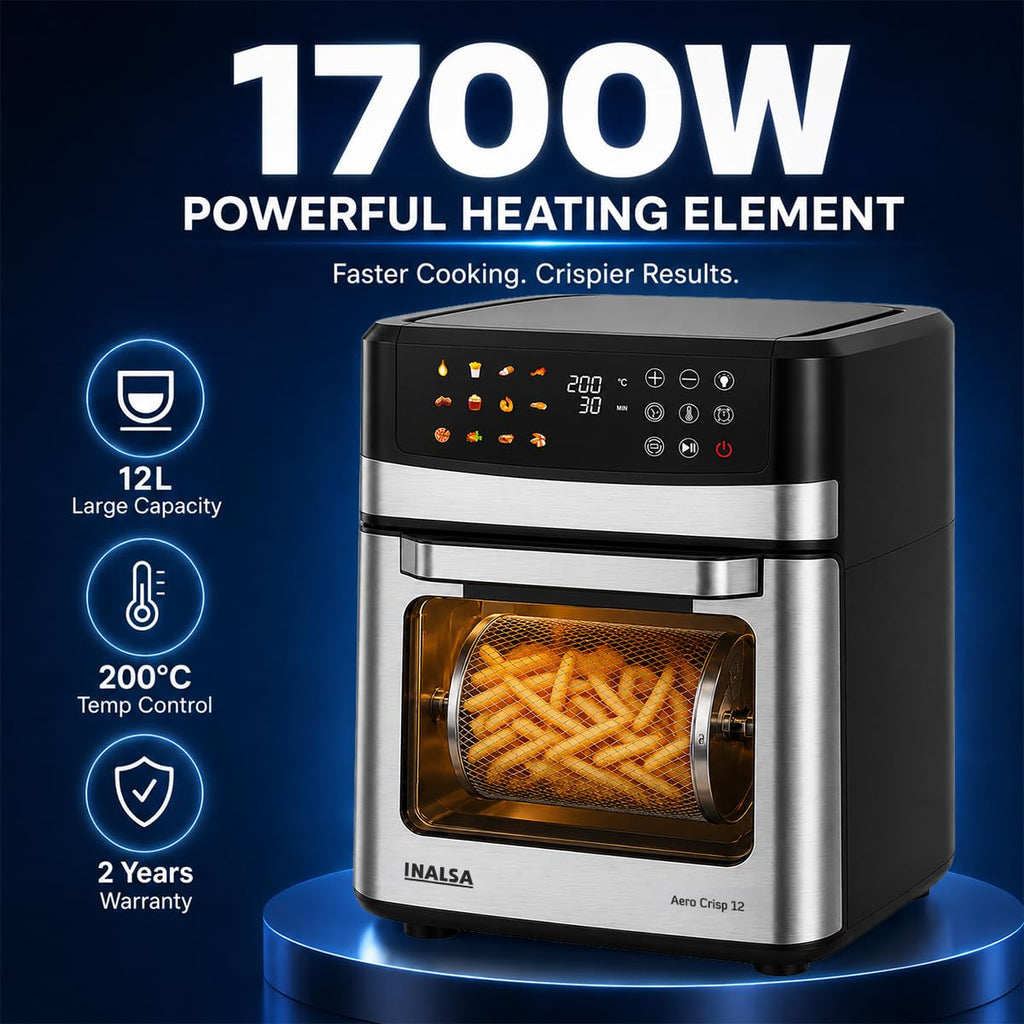 INALSA Air Fryer Oven|12L,1700W|Stainless Steel Body|12-in-1 Functions,Fry,Bake,Grill,Dehydrate&Reheat|12 Preset|Rotisserie&Convection|Dishwasher Safe Accessories|2Yr Warranty,2025Model AeroCrisp 12