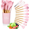 12 Pcs Silicone Kitchen Tool Set with Wooden Handles | Non Stick Cookware Safe Cooking Utensils with Storage Holder | Kitchen Accessories Set for Cooking & Baking (Pink)