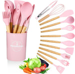 12 Pcs Silicone Kitchen Tool Set with Wooden Handles | Non Stick Cookware Safe Cooking Utensils with Storage Holder | Kitchen Accessories Set for Cooking & Baking (Pink)