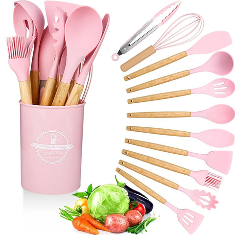 12 Pcs Silicone Kitchen Tool Set with Wooden Handles | Non Stick Cookware Safe Cooking Utensils with Storage Holder | Kitchen Accessories Set for Cooking & Baking (Pink)