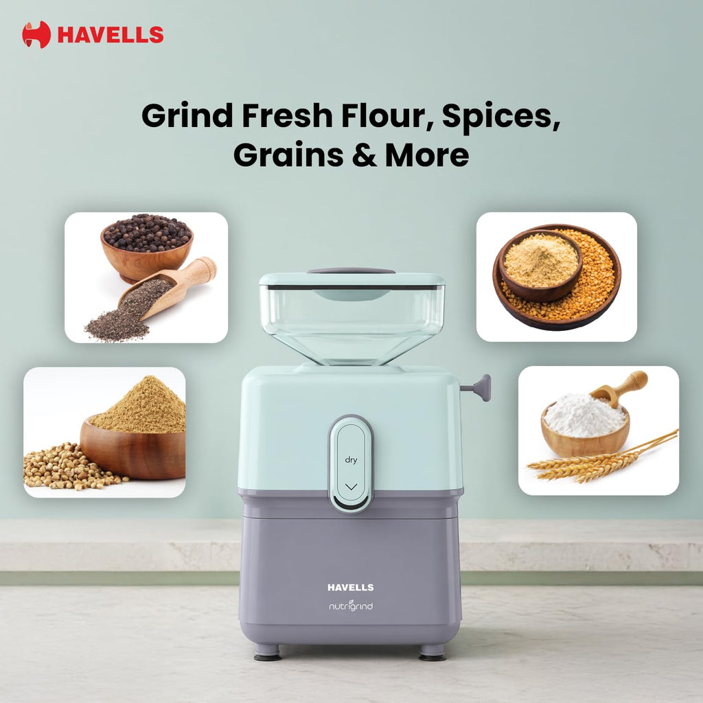 Havells Nutri Grind Atta Mill| 400W High Torque Induction Motor | 1400 RPM Slow Speed Grinding | Quality Coarse Stones | 2 Yr Manufacturer Warranty| Grey & Pista Green