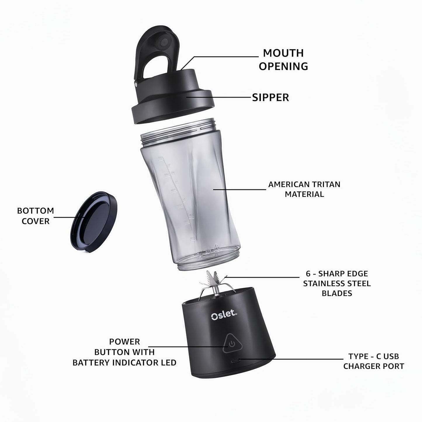 Oslet HydraMax 360W Portable Blender 700ml | 22,000 RPM | 6000mAh Battery (35+ Blends) | 6 Stainless Blades | Fast Charging | BPA-Free | Waterproof | Multi-Purpose for Smoothies, Shakes & Baby Food
