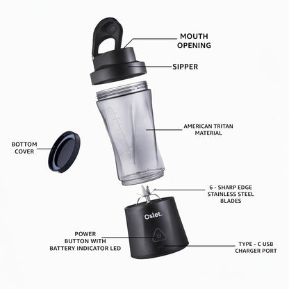 Oslet HydraMax 360W Portable Blender 700ml | 22,000 RPM | 6000mAh Battery (35+ Blends) | 6 Stainless Blades | Fast Charging | BPA-Free | Waterproof | Multi-Purpose for Smoothies, Shakes & Baby Food