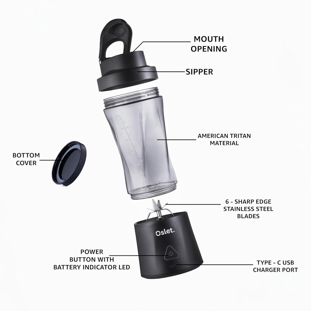 Oslet HydraMax 360W Portable Blender 700ml | 22,000 RPM | 6000mAh Battery (35+ Blends) | 6 Stainless Blades | Fast Charging | BPA-Free | Waterproof | Multi-Purpose for Smoothies, Shakes & Baby Food