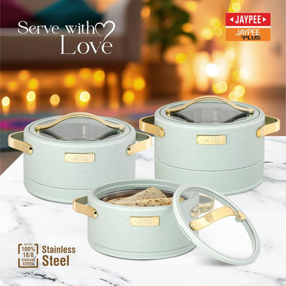 JAYPEE Luxura Klass Set Inner Steel Serving Casserole Set of 3 Toughened Glass Lid Advanced PU Insulated 100% Food Grade Lockable Hot Box Easy to Keep Roti, Pulao & More|1500, 2000, 2500 ml,Green