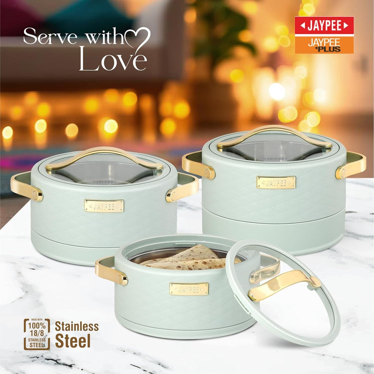 JAYPEE Luxura Klass Set Inner Steel Serving Casserole Set of 3 Toughened Glass Lid Advanced PU Insulated 100% Food Grade Lockable Hot Box Easy to Keep Roti, Pulao & More|1500, 2000, 2500 ml,Green