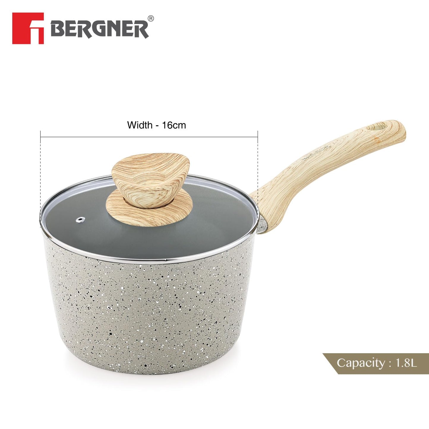 Bergner Naturally Ceramic Forged Aluminium 16cm (1.8 Liters) Saucepan with Soft Touch Handle and Flat Glass with Steam Vent, Ceramic Coated Sauce Pan, Healthy - Induction Bottom and Gas Stove Ready