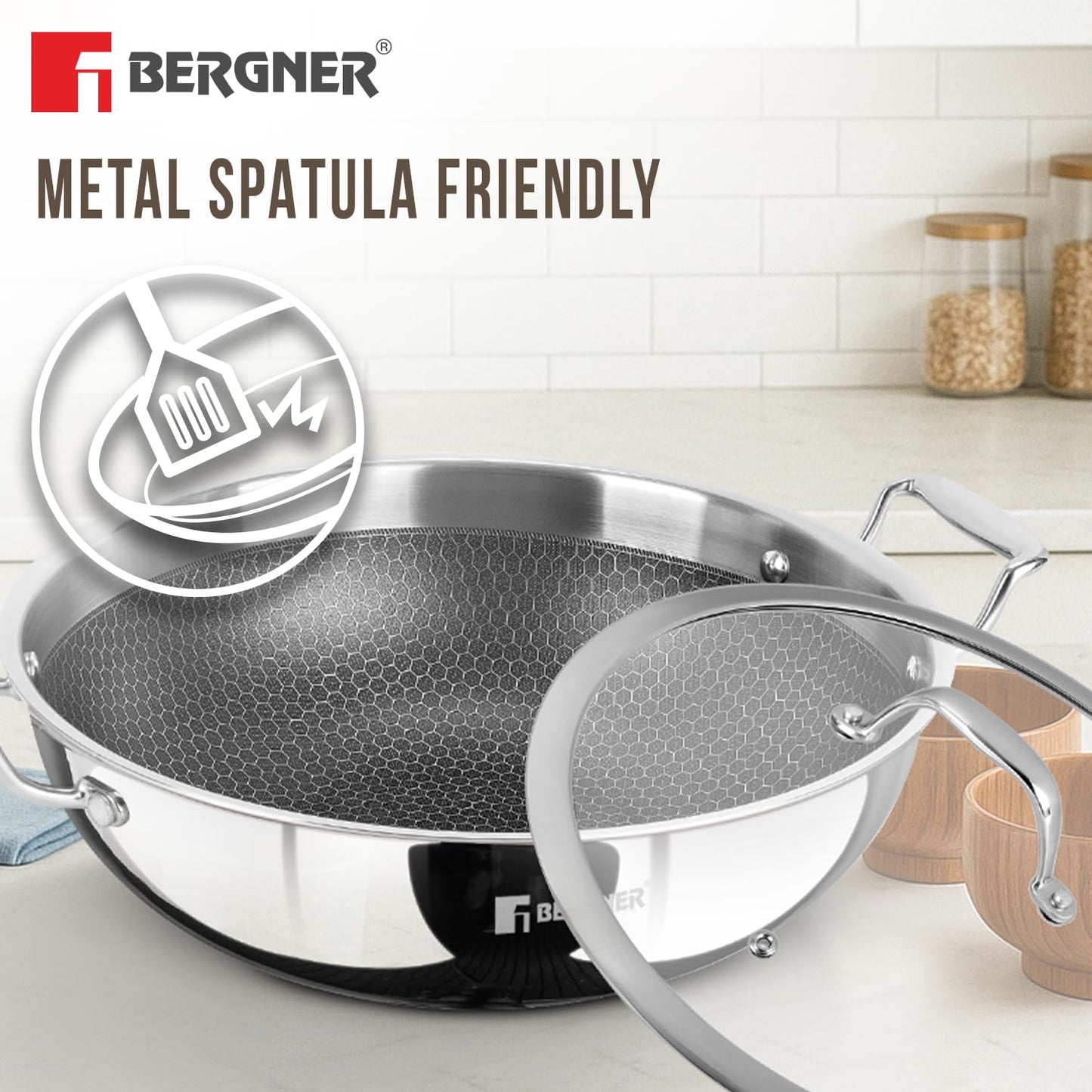 BERGNER Hi-Tech TriPly Stainless Steel 22cm (2.25 L) Kadai with Glass Lid, Honeycomb Non-Stick Coating, Non-Toxic, Healthy, Less Oil Use, Durable Handles with Excellent Grip - Induction and Gas Ready