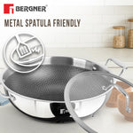 BERGNER Hi-Tech TriPly Stainless Steel 22cm (2.25 L) Kadai with Glass Lid, Honeycomb Non-Stick Coating, Non-Toxic, Healthy, Less Oil Use, Durable Handles with Excellent Grip - Induction and Gas Ready