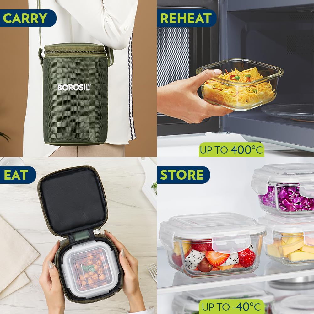 Borosil Eateasy Borosilicate Glass Lunchbox with Bag | 3 pc Square Container Set (320 ml Each) | Microwave & Dishwasher Safe, Leakproof | Tiffin for Office, School, College | Transparent