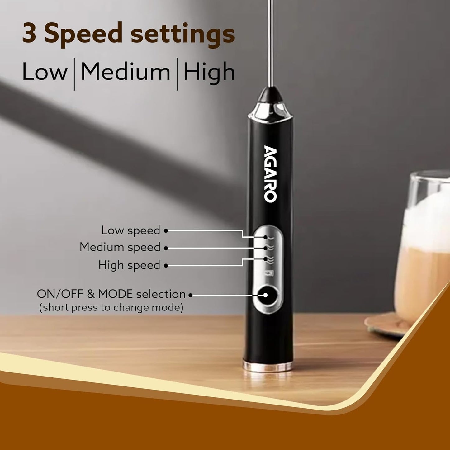 AGARO Royal Milk, 3‑Speed Electric for Coffee with Whisk and, Mixer, Stand‑up Design, for Cream (Whisk Milk), Rechargeable, Stainless Steel