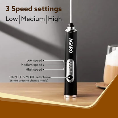 AGARO Royal Milk, 3‑Speed Electric for Coffee with Whisk and, Mixer, Stand‑up Design, for Cream (Whisk Milk), Rechargeable, Stainless Steel