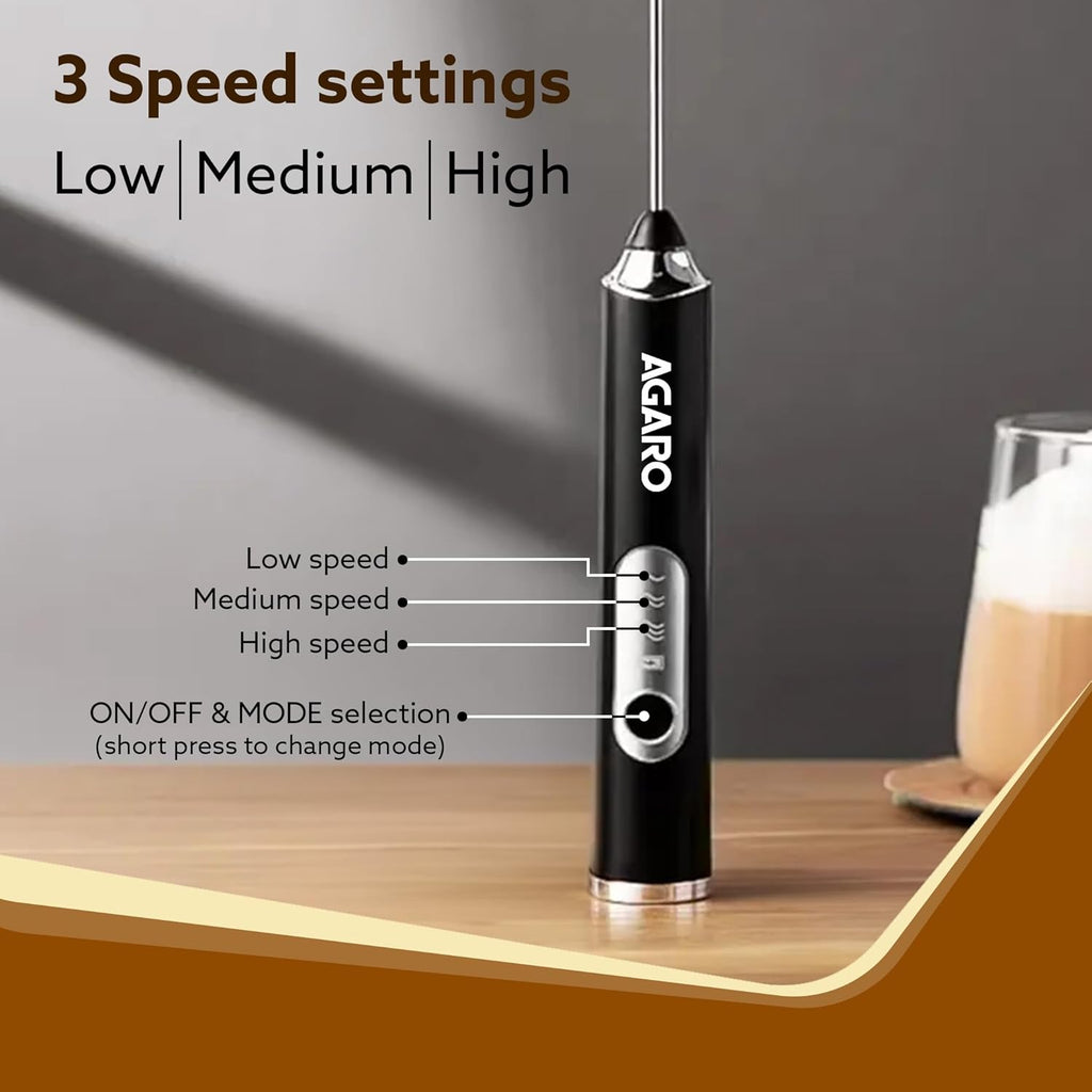 AGARO Royal Milk, 3‑Speed Electric for Coffee with Whisk and, Mixer, Stand‑up Design, for Cream (Whisk Milk), Rechargeable, Stainless Steel