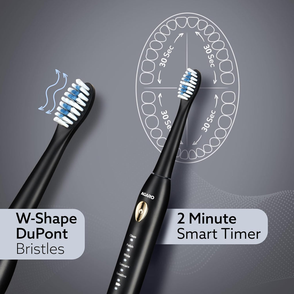 AGARO COSMIC LITE Sonic Electric Tooth Brush For Adults With 5 Modes, 2 Brush Heads & Rechargeable With 4 Hours Charge Lasting Up To 25 Days, Power Toothbrush, (Black)