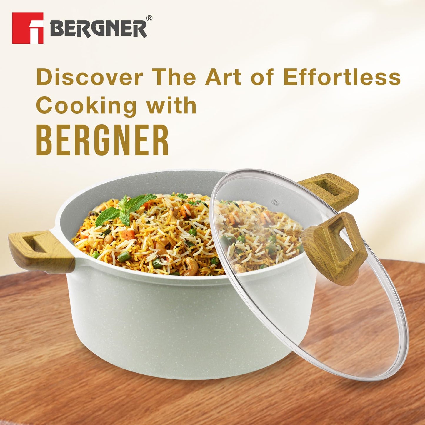 Bergner Naturally Cast Aluminum 32cm (9 L) Casserole with Glass Lid, Marble Non-Stick Coating, Less Oil Use, Scratch Resistant, Soft Touch Stylish Handles - Induction Bottom, Free Non-Woven Trivet