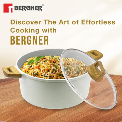 Bergner Naturally Cast Aluminum 32cm (9 L) Casserole with Glass Lid, Marble Non-Stick Coating, Less Oil Use, Scratch Resistant, Soft Touch Stylish Handles - Induction Bottom, Free Non-Woven Trivet