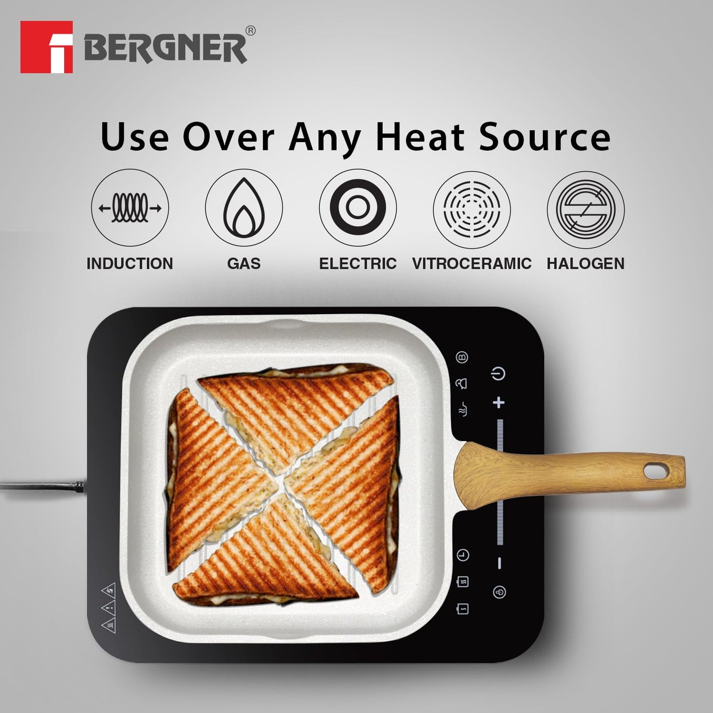 BERGNER Naturally Cast Aluminum 26cm Grill Pan, Marble Non-Stick Coating, Less Oil Use, Scratch Resistant and Durable, Soft Touch Handle, Easy to Clean - Induction Bottom, Free Non-Woven Trivet