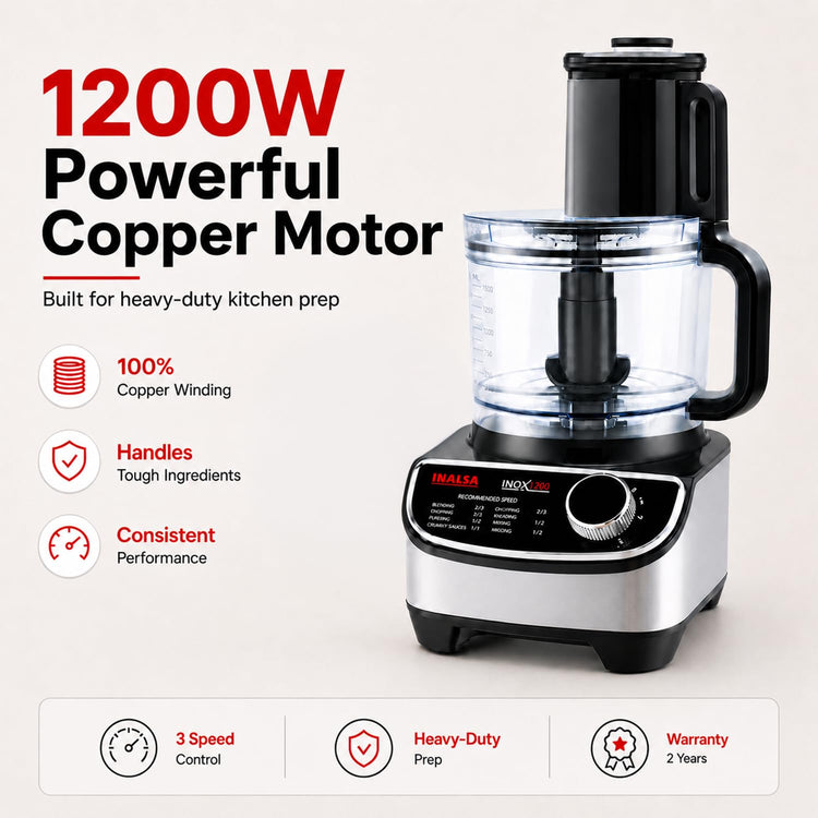 INALSA food processor for kitchen with Mixer Grinder Juicer|1200 Watt Copper Motor|3 Jars|2.5 L Processing Jar|Chopping & Kneading Blade|Centrifugal/Citrus Juicer|Shredding|Slicing-INOX 1200