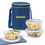 Borosil Klip n Store Lunchbox with Bag | 3pc Round Container Set (400 ml Each) | Made in India Borosilicate Glass | Microwave & Dishwasher Safe | Tiffin for Office, School, College | Vertical