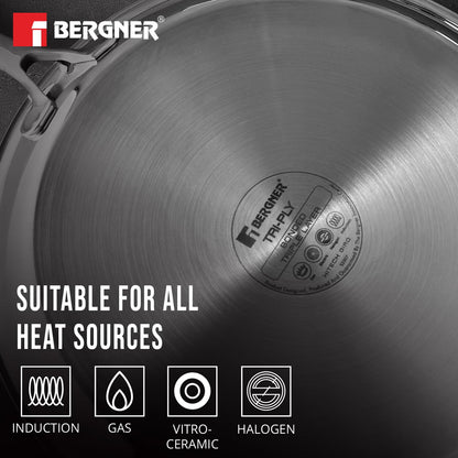 BERGNER Hi-Tech Giro Triply Stainless Steel 28cm Dosa Tawa, Honeycomb Mesh Non-Stick Coating, PFOA Free, Even Heat Distribution, Sturdy and Durable Stay Cool Handle - Induction and Gas Stove Ready