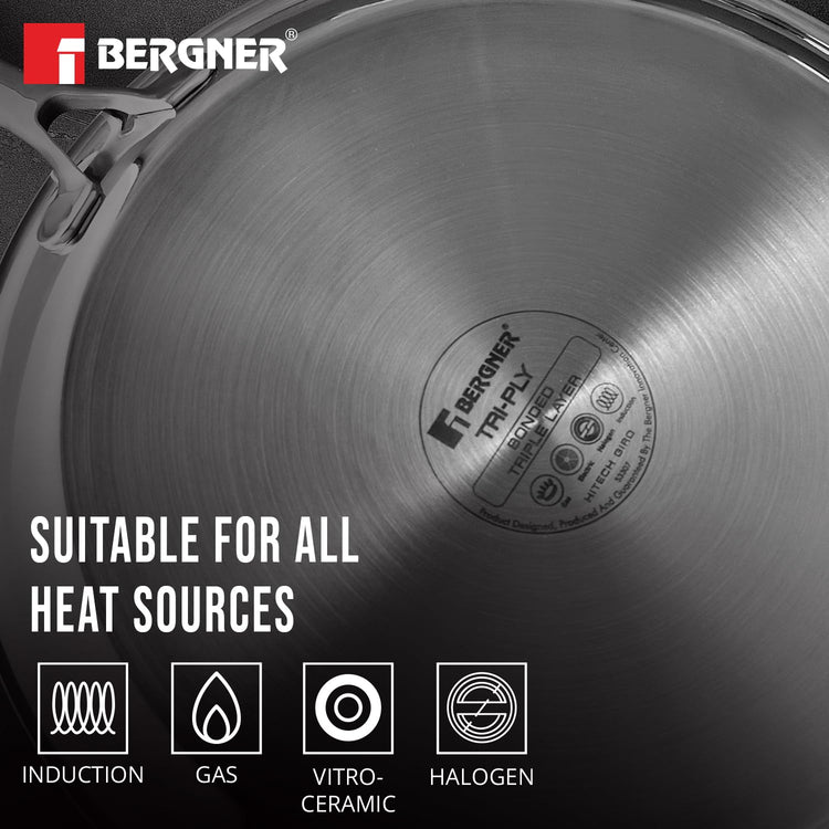 BERGNER Hi-Tech Giro Triply Stainless Steel 28cm Dosa Tawa, Honeycomb Mesh Non-Stick Coating, PFOA Free, Even Heat Distribution, Sturdy and Durable Stay Cool Handle - Induction and Gas Stove Ready