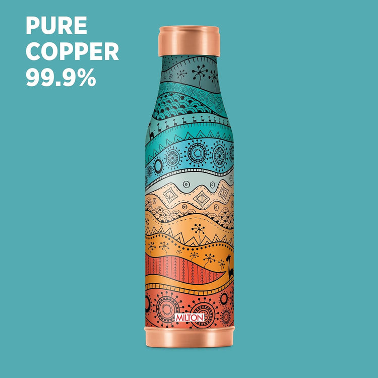 MILTON Amaya Copper Drinkware Gift Set | 99.9% Pure Copper Water Bottle 850ml With 2 Glasses 280ml | Anti Oxidant Prosperities | Traditional Art Design | Gifting Item for Diwali, Festive Occasions
