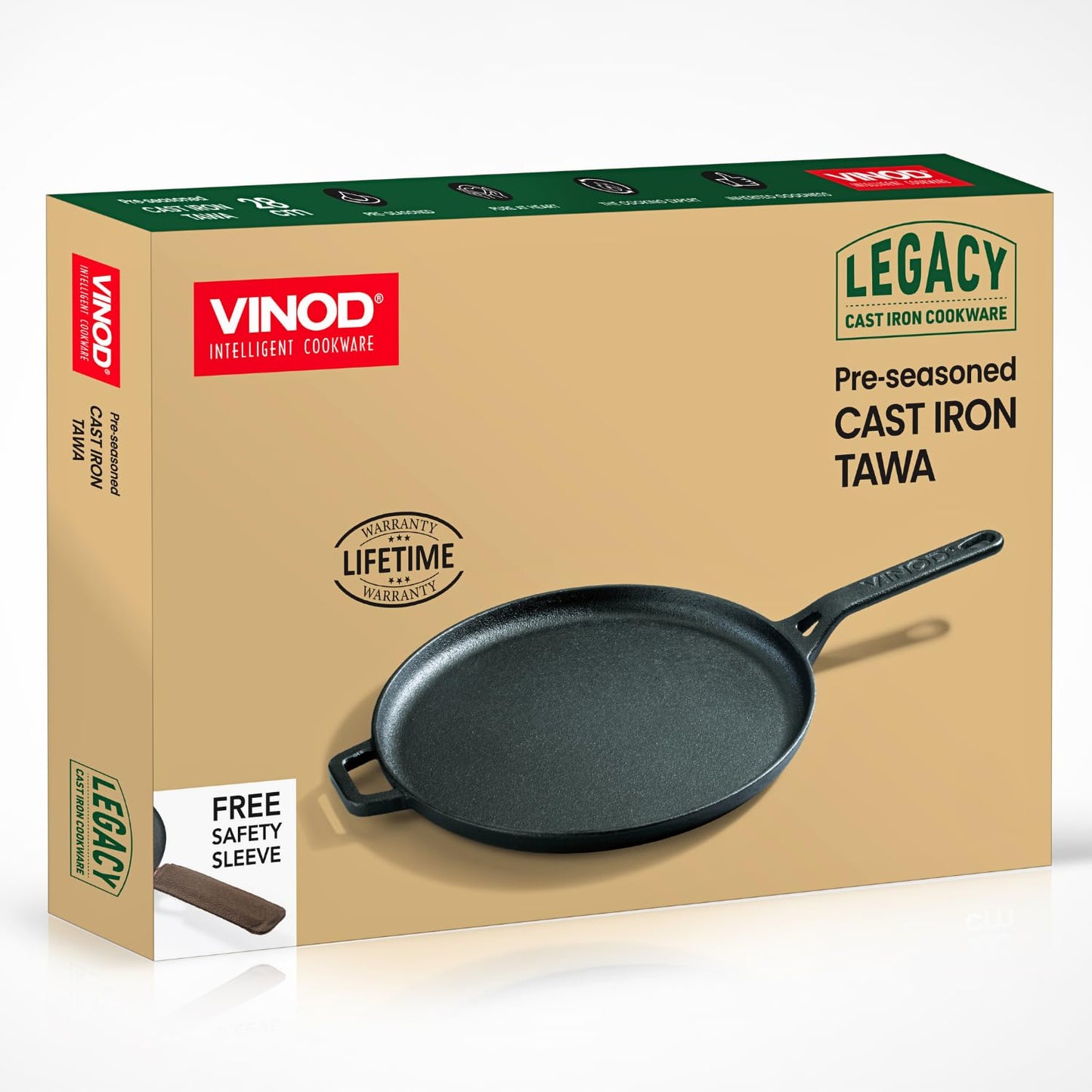 Vinod Legacy Pre-Seasoned Cast Iron Dosa Tawa with Handle, 28 cm | Naturally Non-Stick, Heavy Duty | 100% Pure & Toxin-Free | Ideal for Dosa, Chilla & Paratha | Gas Stove Base | 2 Yr Warranty