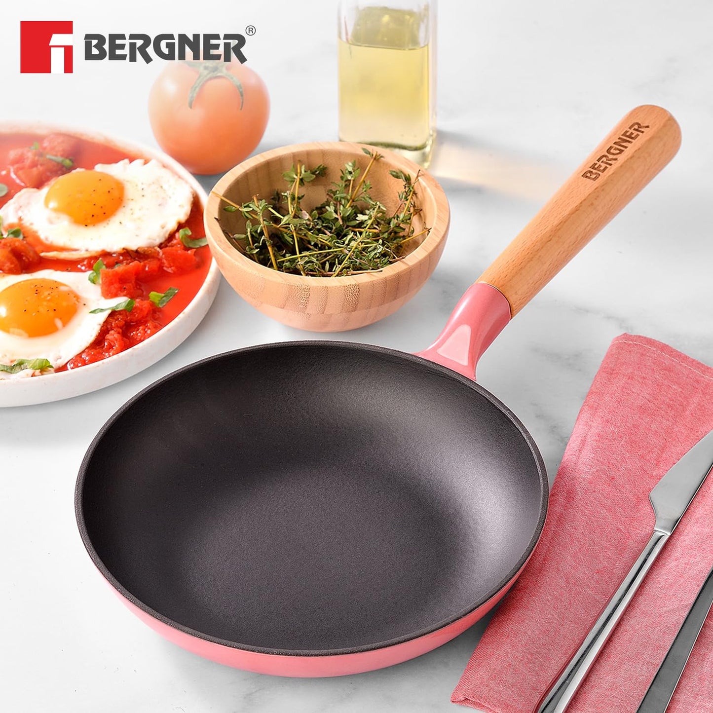 BERGNER Excalibur Lightweight Cast Iron Frypan 20cm, Sturdy Wooden Handle, Non-Stick Coating, PFAS Free, Perfect Heat Distribution, Elegant Design - Induction and Gas Stove Ready (Pink)