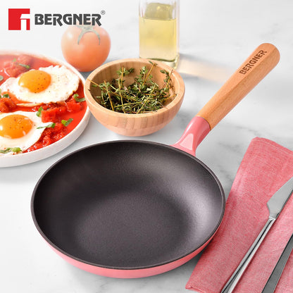 BERGNER Excalibur Lightweight Cast Iron Frypan 20cm, Sturdy Wooden Handle, Non-Stick Coating, PFAS Free, Perfect Heat Distribution, Elegant Design - Induction and Gas Stove Ready (Pink)