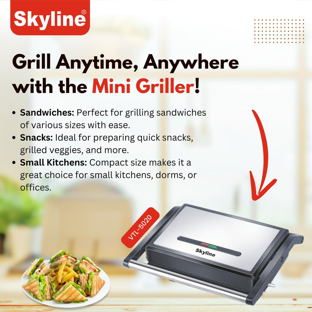 Skyline 800W Mini Griller with Non-Stick Plates & Cool Touch Handle