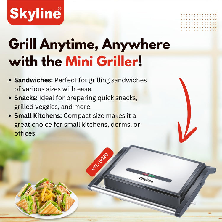 Skyline 800W Mini Griller with Non-Stick Plates & Cool Touch Handle
