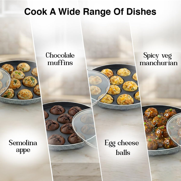 Prestige Non-Stick 12 Pits Paniyarakkal 24cm with Glass Lid | Appe Patra | Appe Maker | Omega Select Plus | PFOA Free | Metal Spoon Friendly | Sturdy Handle | 1Y Warranty | ISI Certified
