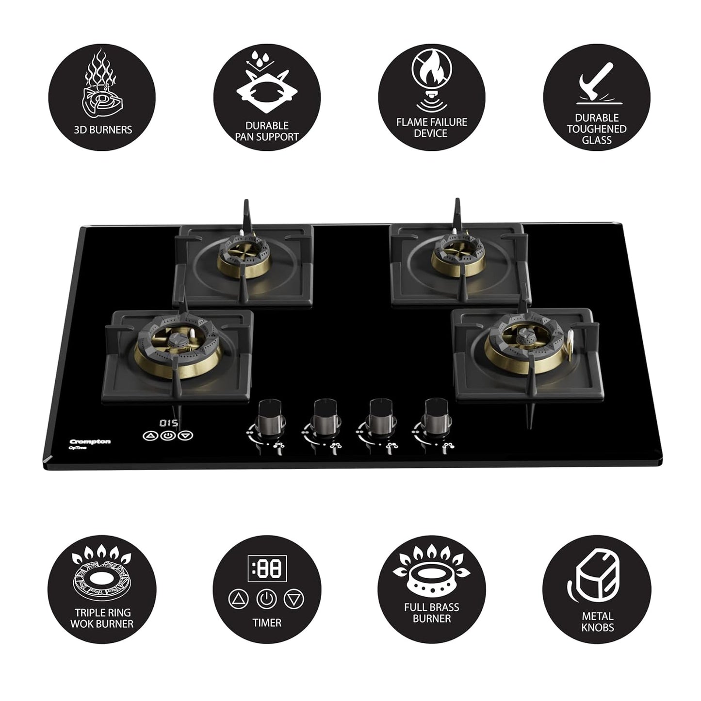Crompton Optime 90 cm 4 Burners Built-in Glass HOB with Digital Timer, Full Brass Burners & 3D Flame Technology (HOB-OPFB905TI-MBL, Midnight Black)