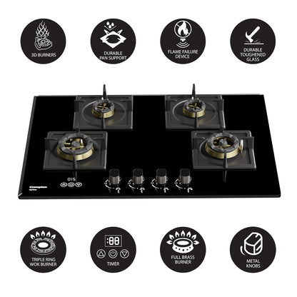 Crompton Optime 90 cm 4 Burners Built-in Glass HOB with Digital Timer, Full Brass Burners & 3D Flame Technology (HOB-OPFB905TI-MBL, Midnight Black)