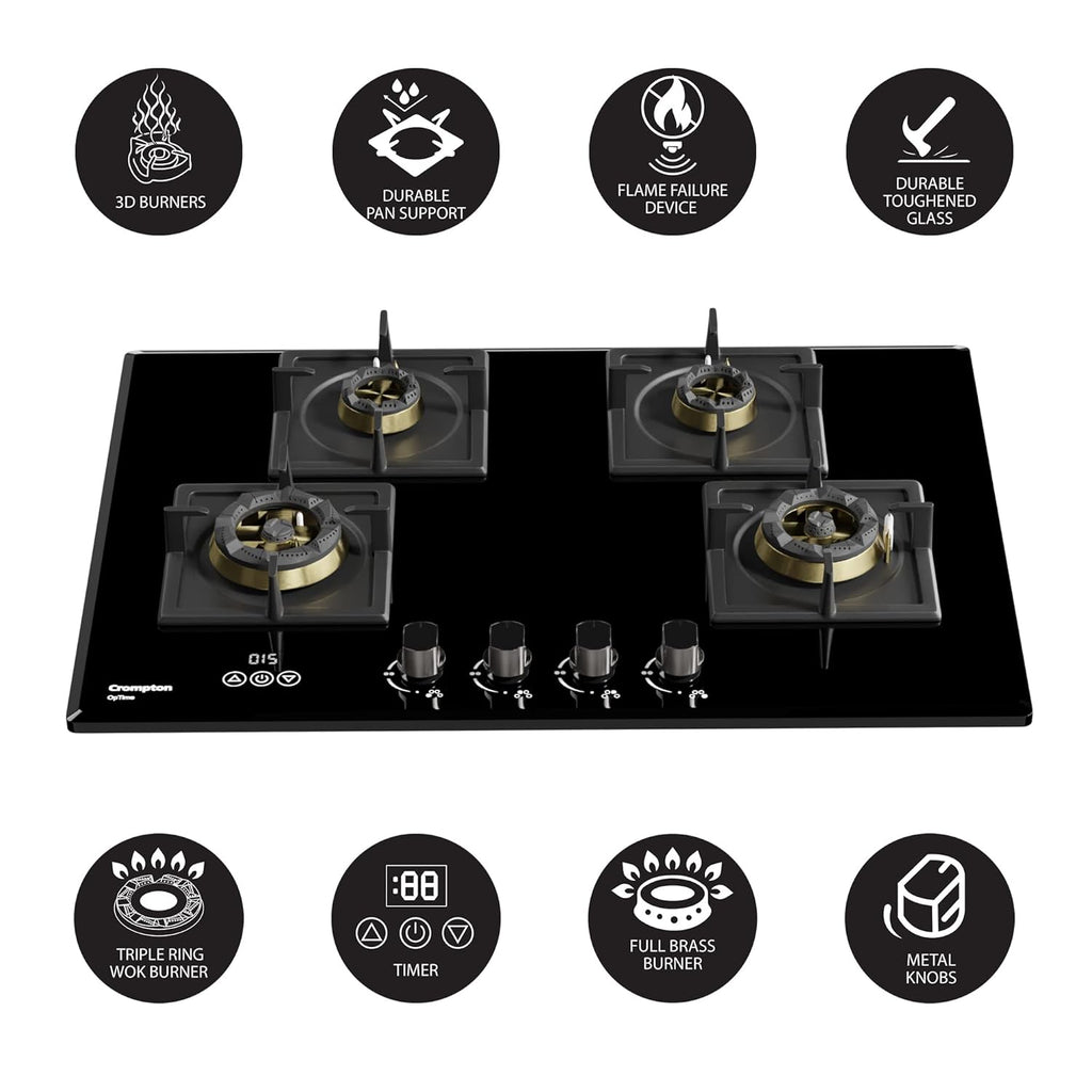 Crompton Optime 90 cm 4 Burners Built-in Glass HOB with Digital Timer, Full Brass Burners & 3D Flame Technology (HOB-OPFB905TI-MBL, Midnight Black)
