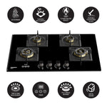 Crompton Optime 90 cm 4 Burners Built-in Glass HOB with Digital Timer, Full Brass Burners & 3D Flame Technology (HOB-OPFB905TI-MBL, Midnight Black)