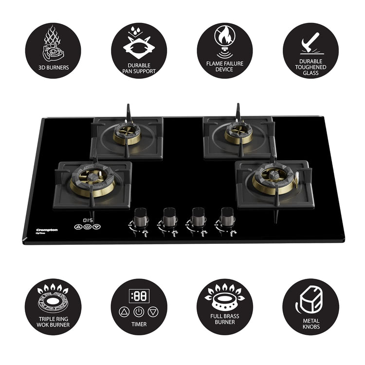 Crompton Optime 90 cm 4 Burners Built-in Glass HOB with Digital Timer, Full Brass Burners & 3D Flame Technology (HOB-OPFB905TI-MBL, Midnight Black)