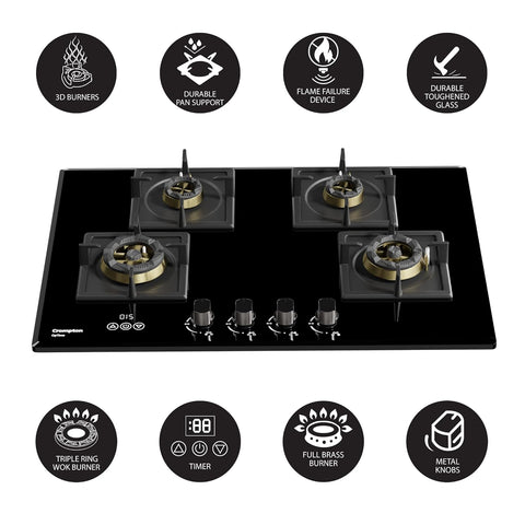 Crompton Optime 90 cm 4 Burners Built-in Glass HOB with Digital Timer, Full Brass Burners & 3D Flame Technology (HOB-OPFB905TI-MBL, Midnight Black)