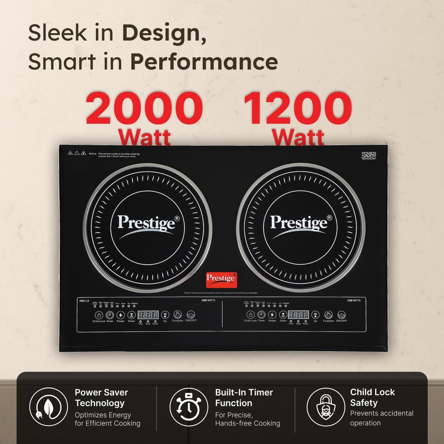 Prestige PDIC 3.0 Double Induction Cooktop(3200W, Black, 2 Burner Induction Stove)