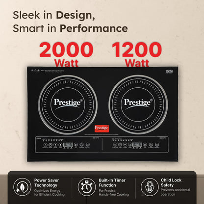Prestige PDIC 3.0 Double Induction Cooktop(3200W, Black, 2 Burner Induction Stove)