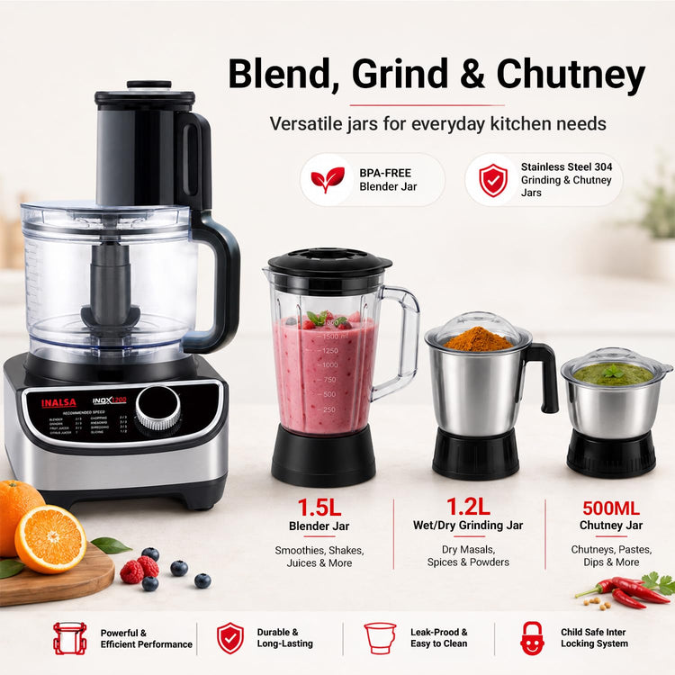 INALSA food processor for kitchen with Mixer Grinder Juicer|1200 Watt Copper Motor|3 Jars|2.5 L Processing Jar|Chopping & Kneading Blade|Centrifugal/Citrus Juicer|Shredding|Slicing-INOX 1200