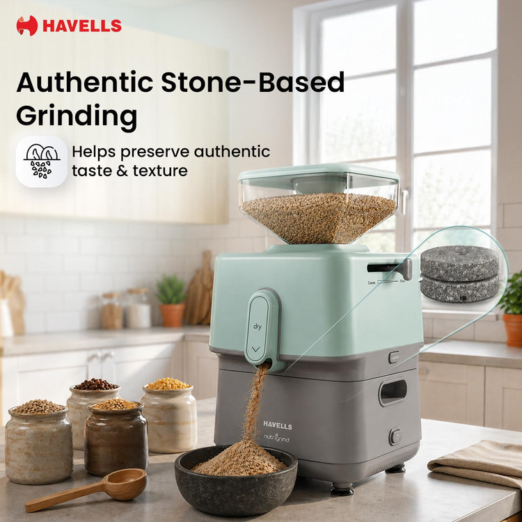 Havells Nutri Grind Atta Mill| 400W High Torque Induction Motor | 1400 RPM Slow Speed Grinding | Quality Coarse Stones | 2 Yr Manufacturer Warranty| Grey & Pista Green