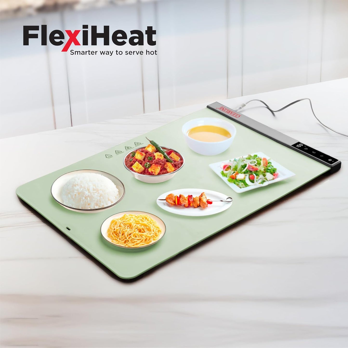 Clearline FlexiHeat 400W Food Warming Mat | Rollable & Portable Buffet Food Warmer | Digital Temperature Control (40°C–100°C) | 6-Hour Timer | Safe Silicone Surface | Sage Green