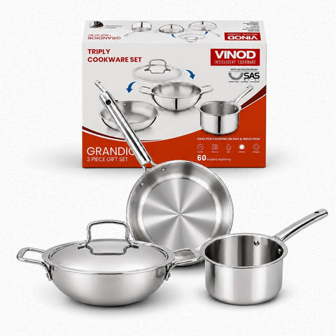 Vinod Grandior Triply Stainless Steel Cookware Set 4 Pcs - 22cm (2.3 L) Kadai, 22cm (1.5 L) Frypan, 14cm (1.2 L) Saucepan | 304 Food-Grade, 2.5mm Thick, Toxin-Free, Even Heating, Induction & Gas