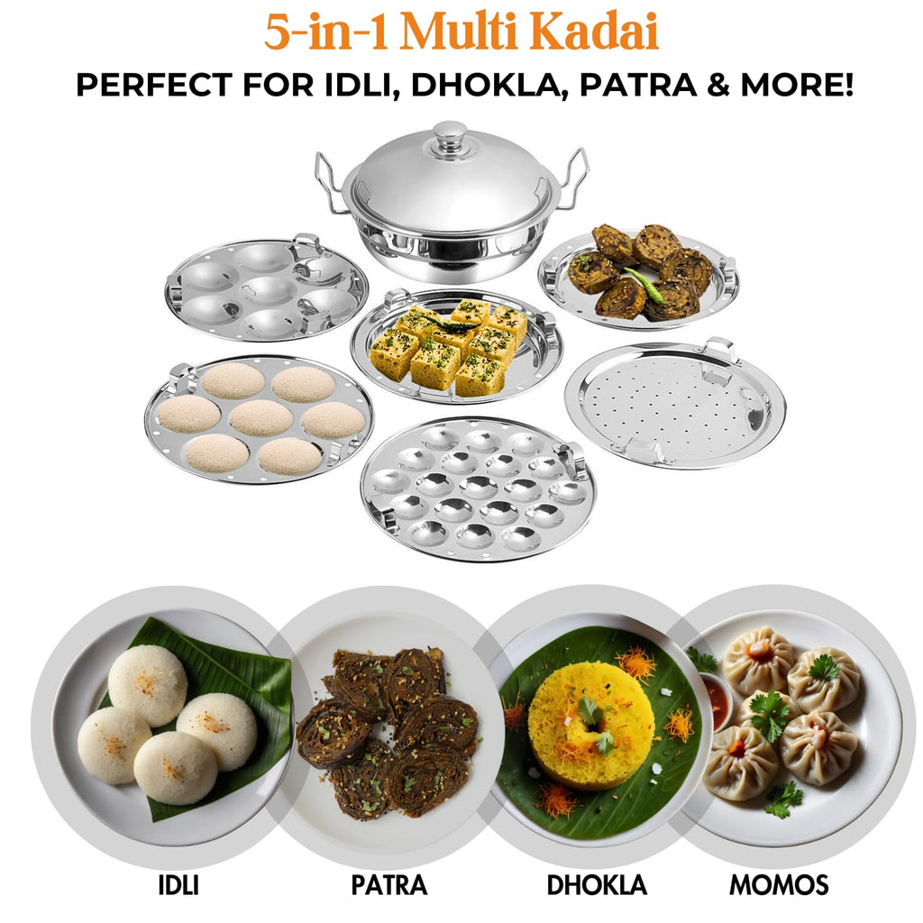 Kraft Stainless Steel Multi Kadai/Idli Maker | 5 L, 28 cm, 6 Plates | 2 Idli, 2 Dhokla, 1 Patra & Mini Idli | Induction & Gas Compatible Momo/Modak Pot | 6 in 1 Multipurpose steamer for cooking