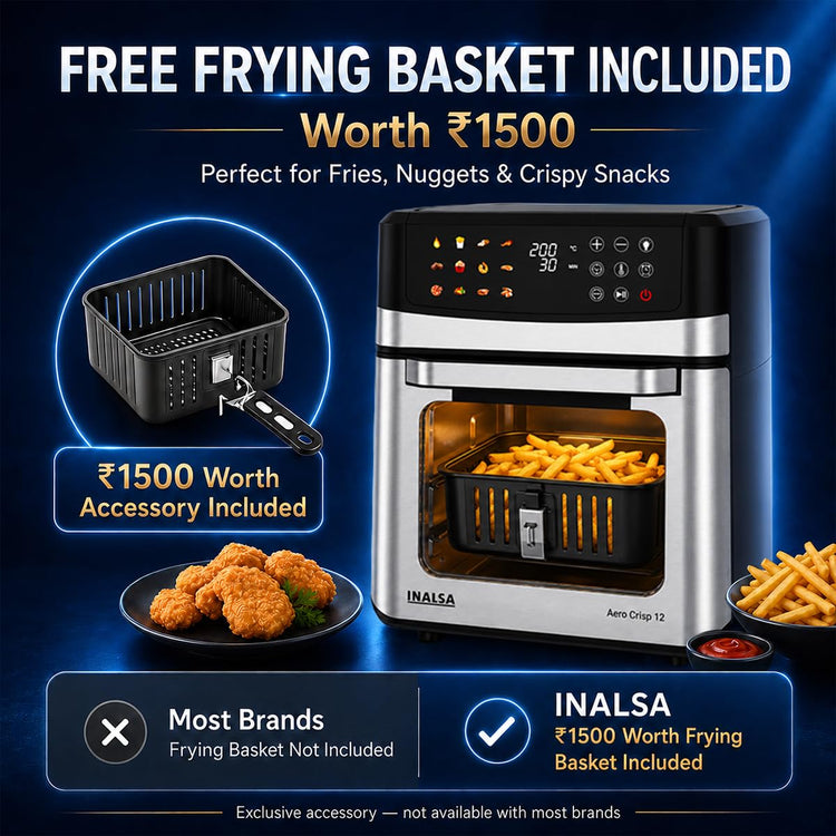 INALSA Air Fryer Oven|12L,1700W|Stainless Steel Body|12-in-1 Functions,Fry,Bake,Grill,Dehydrate&Reheat|12 Preset|Rotisserie&Convection|Dishwasher Safe Accessories|2Yr Warranty,2025Model AeroCrisp 12